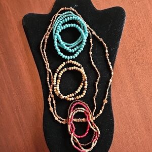 12 Piece Bohemian Beaded Necklace & Bracelet Set - Turquoise, Brown, Red